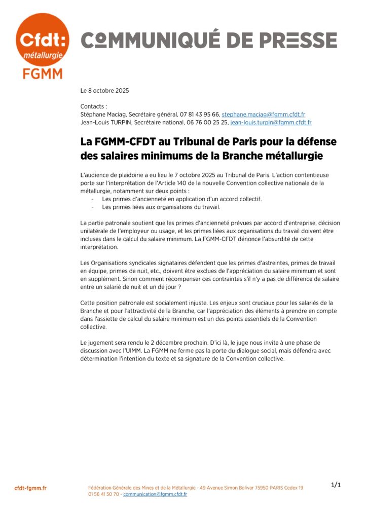 Défense des salaires minimums de la Branche métallurgie